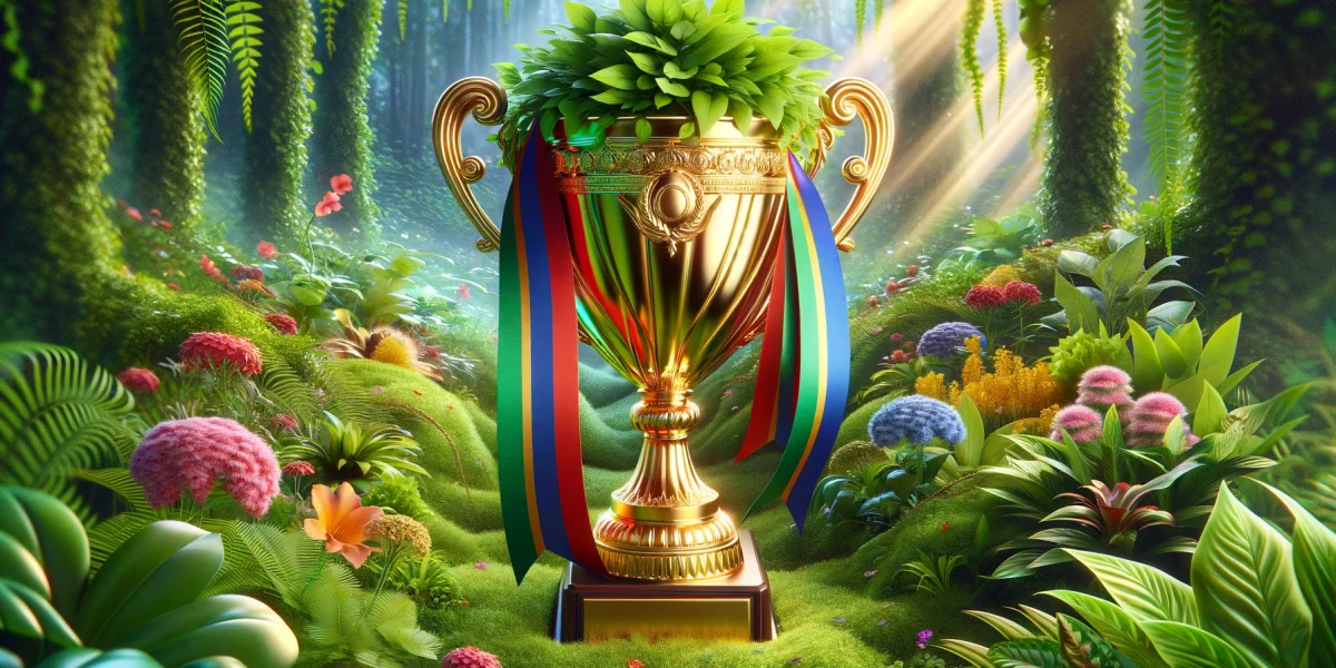 DALL·E 2024-02-27 10.22.10 - A widescreen image of a shiny gold trophy sitting in a lush, green garden, now adorned with a sash. The trophy is elegantly designed, with intricate d